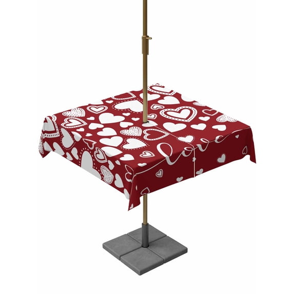 Outdoor Tablecloth with Umbrella Hole and Zipper, Red White Valentine's Day Square Table Cloth 60x60 Inch Waterproof Tablecloth, Love Heart Modern Art Romantic Picnic Table Cover for Patio Camping