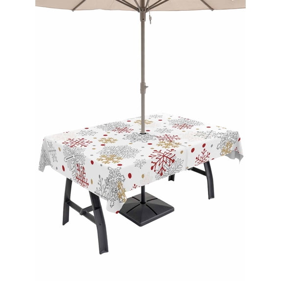 Outdoor Tablecloth with Umbrella Hole and Zipper, Red Yellow Snowflake Christmas Rectangle Table Cloth 52x70 Inch Waterproof Tablecloth, Xmas Snowflake Winter Picnic Table Cover for Patio Camping