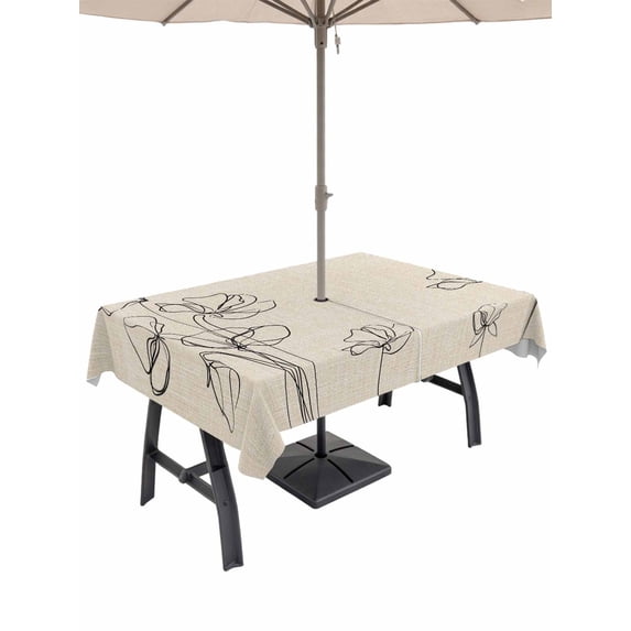 Outdoor Tablecloth with Umbrella Hole and Zipper, Retro Beige Flowers Rectangle Table Cloth 54x80 Inch Waterproof Tablecloth, Rustic Abstract Floral Simple Art Picnic Table Cover for Patio Camping
