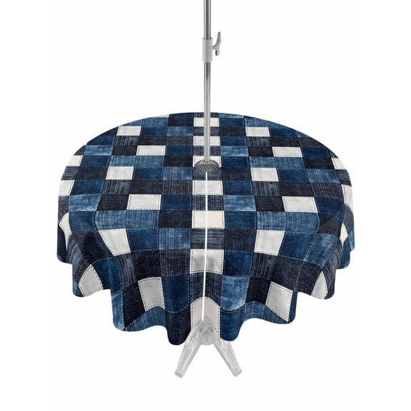 Outdoor Tablecloth with Umbrella Hole and Zipper, Retro Blue Black Buffalo Check Round Waterproof Table Cover 60in Washable Table Cloth for Patio Picnic Party Checkered Plaid Seamless