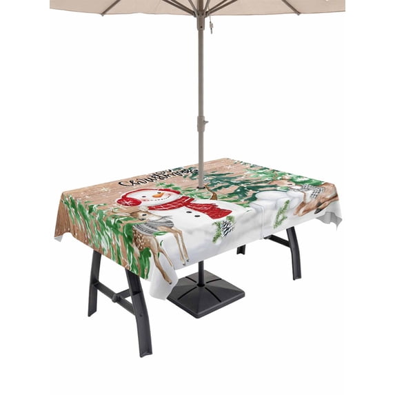 Outdoor Tablecloth with Umbrella Hole and Zipper, Retro Christmas Rectangle Table Cloth 60x102 Inch Waterproof Tablecloth, Red Snowman Pine Tree Snowflake Elk Wooden Picnic Table Cover for Patio