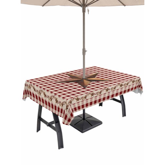 Outdoor Tablecloth with Umbrella Hole and Zipper, Retro Country Stars Rectangle Waterproof Table Cover 60x84in Washable Table Cloth for Patio Picnic Party Vintage Dates Red Plaid