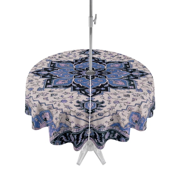 Outdoor Tablecloth with Umbrella Hole Zipper Retro Ethnic Round Tablecloth 60" Waterproof Outside Table Cloth Southwest Tribal Geometric Patterns Blue Patio Table Cover Tablecloths for Picnic Party