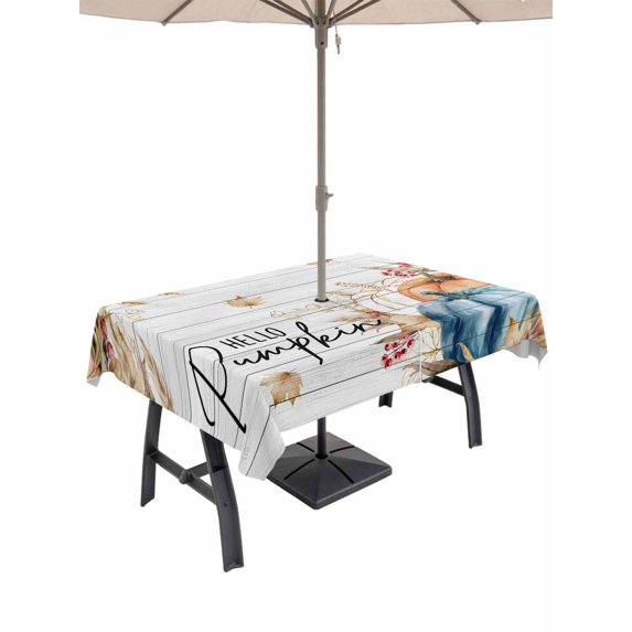 Outdoor Tablecloth with Umbrella Hole and Zipper, Retro Fall Wheat Rectangle Table Cloth 54x80 Inch Waterproof Tablecloth, Thanksgiving Pumpkin Leaves Wood Grain Picnic Table Cover for Patio Camping