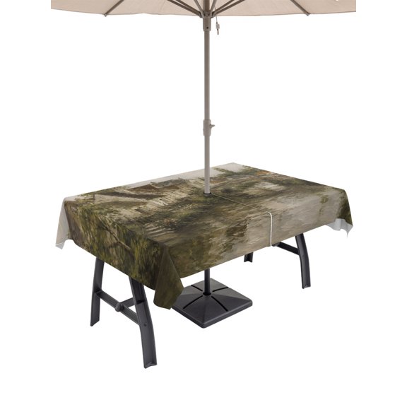 Outdoor Tablecloth with Umbrella Hole and Zipper, Retro Farmhouse Stone Bridge Rectangle Waterproof Table Cover 60x84in Washable Table Cloth for Patio Picnic Party Vintage Countryside