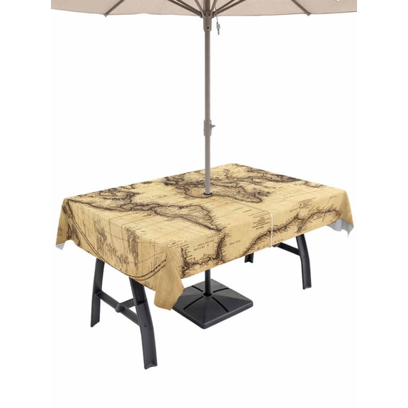 Outdoor Tablecloth with Umbrella Hole and Zipper, Retro Yellow World Map North America Asia Rectangle Waterproof Table Cover 60x84in Washable Table Cloth for Patio Picnic Party Pacific Plate