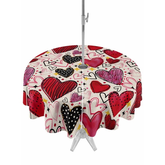 Outdoor Tablecloth with Umbrella Hole and Zipper, Romantic Love Round Table Cloth 54 Inch Waterproof Tablecloth, Valentine's Day Stars Heart Cartoons Beige Picnic Table Cover for Patio Camping