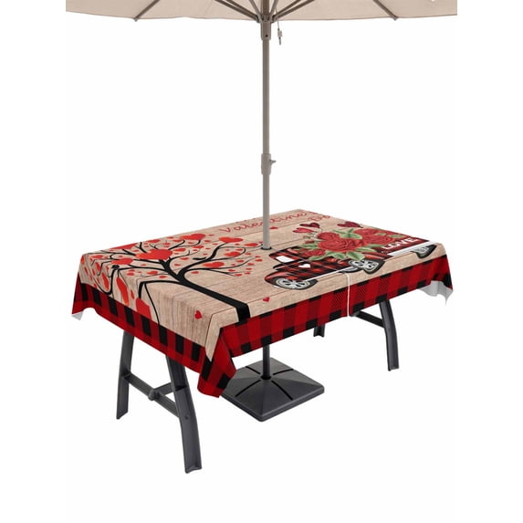 Outdoor Tablecloth with Umbrella Hole and Zipper, Roses Valentine's Day Rectangle Table Cloth 54x80 Inch Waterproof Tablecloth, Love Heart Truck Wooden Vintage Picnic Table Cover for Patio Camping