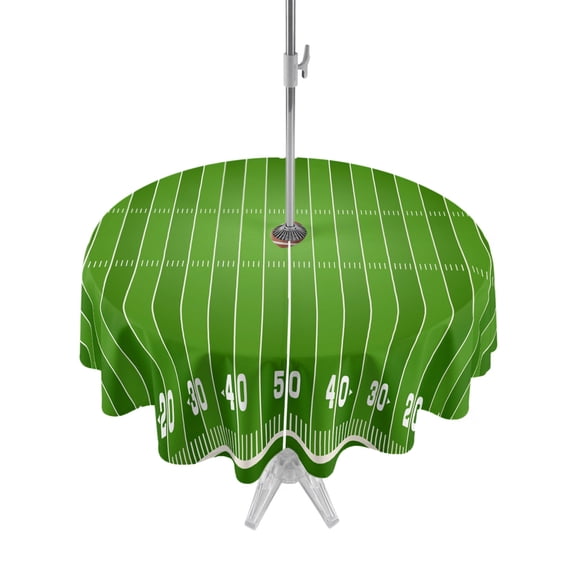 Outdoor Tablecloth with Umbrella Hole and Zipper, Rugby Sport Waterproof Patio Tablecloth for Dining Round 54'', American Football Field Stadium Wipeable Table Cover for Picnic BBQ Party Patio