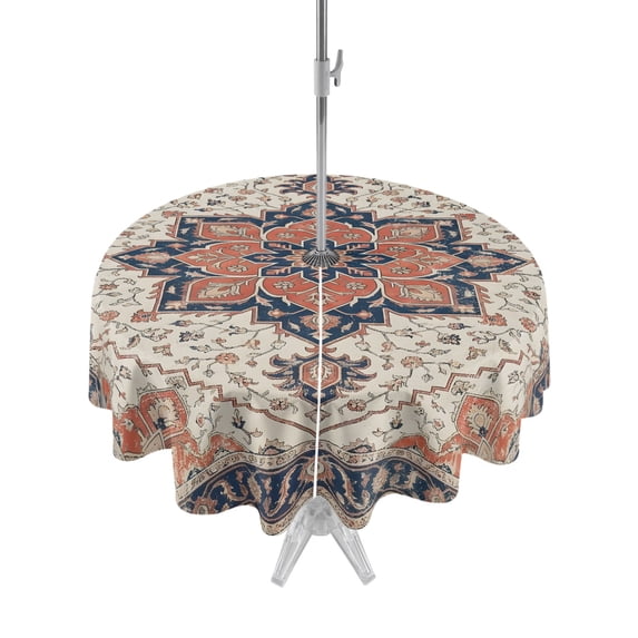 Outdoor Tablecloth with Umbrella Hole Zipper Rustic Bohemia Round Tablecloth 60" Waterproof Outside Table Cloth Traditional Southwest Ethnic Style Retro Patio Table Cover Tablecloths for Picnic Party
