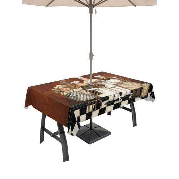 Outdoor Tablecloth with Umbrella Hole and Zipper, Rustic Cartoon Bakery Chef Rectangle Waterproof Table Cover 60x84in Washable Table Cloth for Patio Picnic Party Farmhouse Cooking Theme
