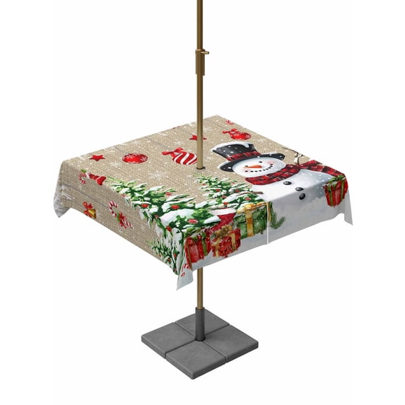 Outdoor Tablecloth with Umbrella Hole and Zipper, Rustic Christmas Snowman Square Table Cloth 54x54 Inch Waterproof Tablecloth, Xmas Balls Stocking Tree Gifts Picnic Table Cover for Patio Camping