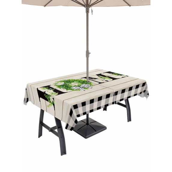 Outdoor Tablecloth with Umbrella Hole and Zipper, Rustic Home Rectangle Table Cloth 52x70 Inch Waterproof Tablecloth, Eucalyptus Leaves Floral Wooden Buffalo Plaid Picnic Table Cover for Patio
