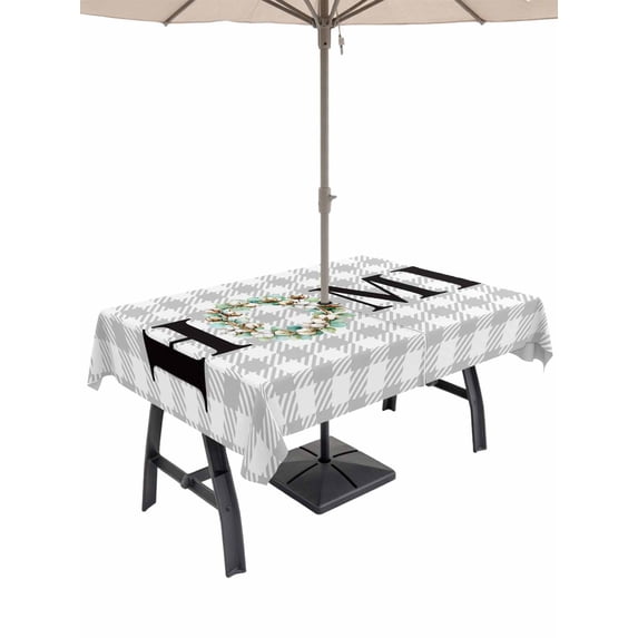 Outdoor Tablecloth with Umbrella Hole and Zipper, Rustic Home Rectangle Table Cloth 60x102 Inch Waterproof Tablecloth, Eucalyptus Leaves Farmhouse Wreath Plaid Picnic Table Cover for Patio Camping