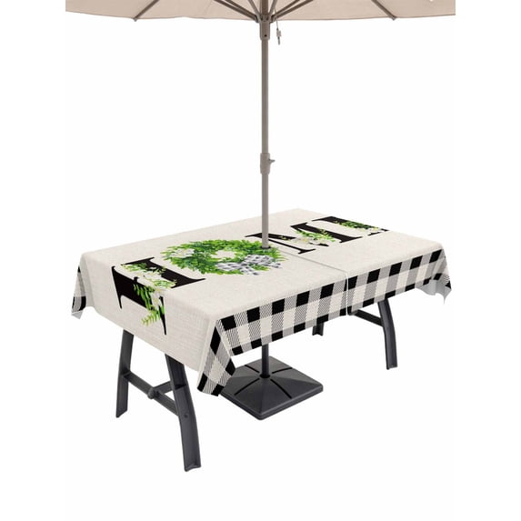 Outdoor Tablecloth with Umbrella Hole and Zipper, Rustic Home Rectangle Table Cloth 60x102 Inch Waterproof Tablecloth, Eucalyptus Leaves Floral Beige Buffalo Plaid Picnic Table Cover for Patio