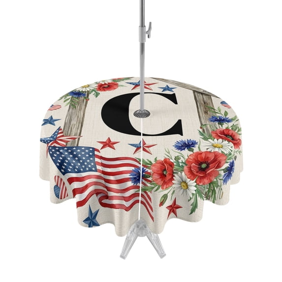 Outdoor Tablecloth with Umbrella Hole Zipper Rustic Letter C Round Tablecloth 60" Waterproof Outside Table Cloth 4th of July Patriotic Flower Star Stripe Flag Patio Table Cover Tablecloths for Picnic