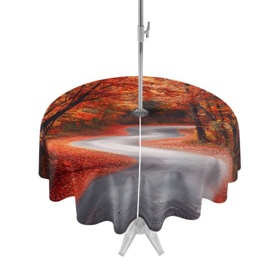 Outdoor Tablecloth with Umbrella Hole and Zipper, Rustic Maple Leaf Tree Road Round Waterproof Table Cover 60in Washable Table Cloth for Patio Picnic Party Watercolor Autumn Leaves