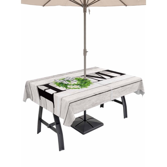 Outdoor Tablecloth with Umbrella Hole and Zipper, Rustic Rectangle Table Cloth 54x80 Inch Waterproof Tablecloth, Eucalyptus Leaves Green Wreath Wooden Plaid Home Picnic Table Cover for Patio Camping