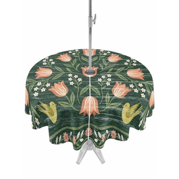Outdoor Tablecloth with Umbrella Hole Zipper Rustic Tulip Flower Round Tablecloth 60" Waterproof Outside Table Cloth Retro Ethnic Floral Plants Birds Green Patio Table Cover Tablecloths for Picnic