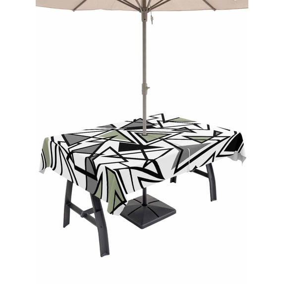 Outdoor Tablecloth with Umbrella Hole and Zipper, Sage Green Black Geometric Rectangle Table Cloth 60x102 Inch Waterproof Tablecloth, Abstract Art Modern Line Picnic Table Cover for Patio Camping