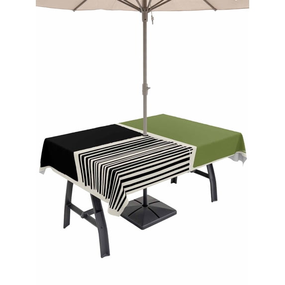 Outdoor Tablecloth with Umbrella Hole and Zipper, Sage Green Black Rectangle Table Cloth 60x120 Inch Waterproof Tablecloth, Farmhouse Striped Modern Abstract Art Picnic Table Cover for Patio Camping