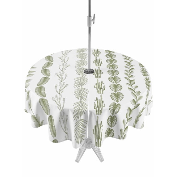 Outdoor Tablecloth with Umbrella Hole and Zipper, Sage Green Botanical Round Table Cloth 60 Inch Waterproof Tablecloth, Modern Farmhouse Tropical Leaves Picnic Table Cover for Patio Camping