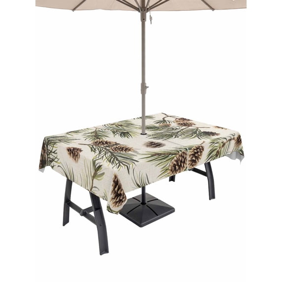 Outdoor Tablecloth with Umbrella Hole and Zipper, Sage Green Christmas Rectangle Table Cloth 52x70 Inch Waterproof Tablecloth, Rustic Pine Cones Xmas Botanical Picnic Table Cover for Patio Camping