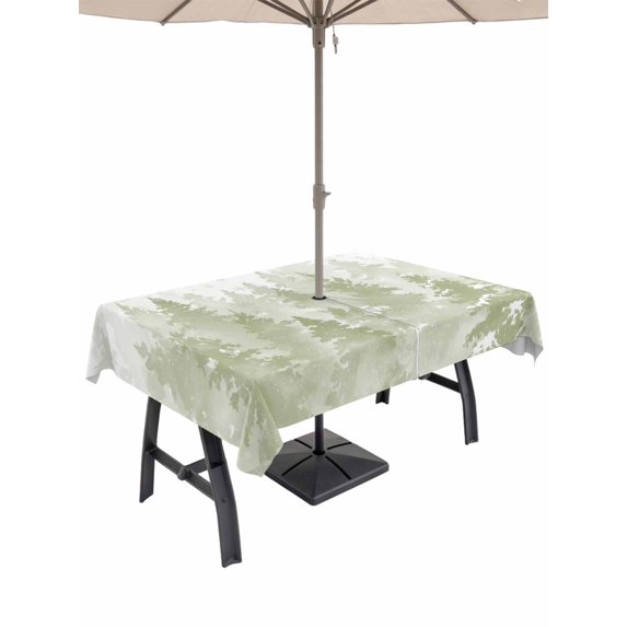 Outdoor Tablecloth with Umbrella Hole and Zipper, Sage Green Christmas Rectangle Table Cloth 52x70 Inch Waterproof Tablecloth, Winter Snowflake Abstract Forest Tree Picnic Table Cover for Patio
