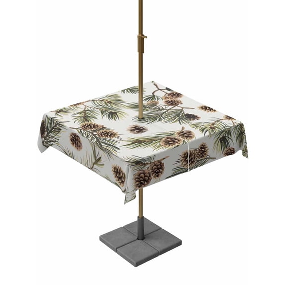 Outdoor Tablecloth with Umbrella Hole and Zipper, Sage Green Christmas Square Table Cloth 60x60 Inch Waterproof Tablecloth, Xmas Botanical Pine Cones Picnic Table Cover for Patio Camping