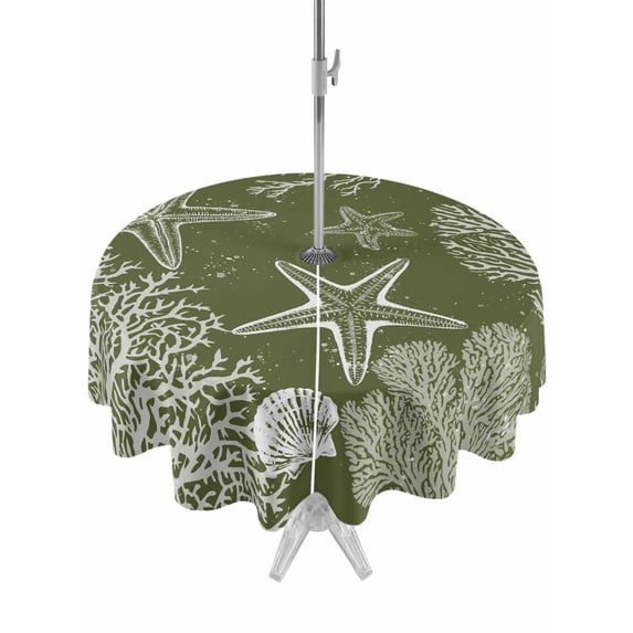 Outdoor Tablecloth with Umbrella Hole and Zipper, Sage Green Coastal Round Table Cloth 54 Inch Waterproof Tablecloth, Starfish Coral Summer Beach Ocean Picnic Table Cover for Patio Camping