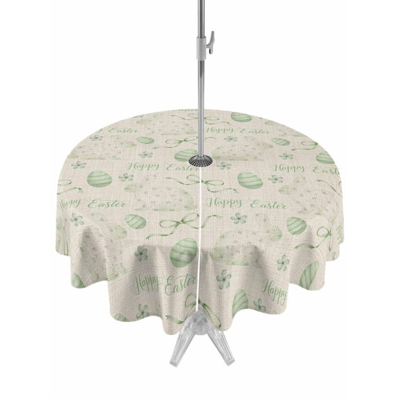 Outdoor Tablecloth with Umbrella Hole and Zipper, Sage Green Easter Round Table Cloth 54 Inch Waterproof Tablecloth, Spring Vintage Bunny Eggs on Linen Picnic Table Cover for Patio Camping