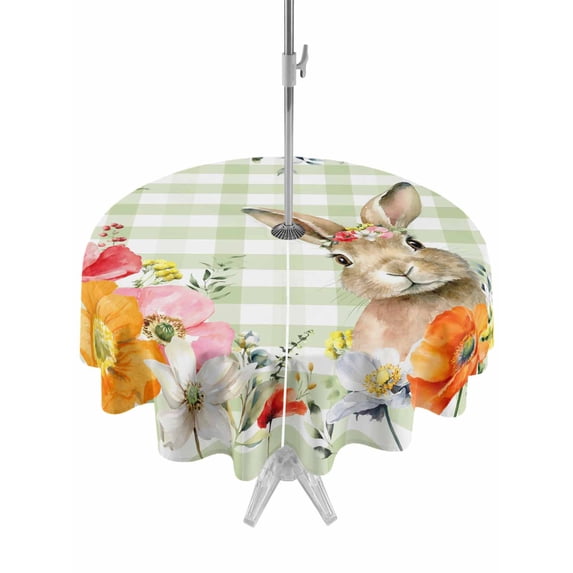 Outdoor Tablecloth with Umbrella Hole and Zipper, Sage Green Easter Round Table Cloth 60 Inch Waterproof Tablecloth, Bunny Spring Floral Checkered Picnic Table Cover for Patio Camping