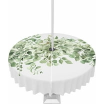 Outdoor Tablecloth with Umbrella Hole & Zipper, Sage Green Eucalyptus Leaves Round Tablecloth 60 Inch, Spring Summer Botanical Floral Patio Table Cover Waterproof Table Cloth for Picnic/Party