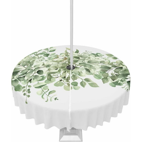 Outdoor Tablecloth with Umbrella Hole & Zipper, Sage Green Eucalyptus Leaves Round Tablecloth 60 Inch, Spring Summer Botanical Floral Patio Table Cover Waterproof Table Cloth for Picnic/Party