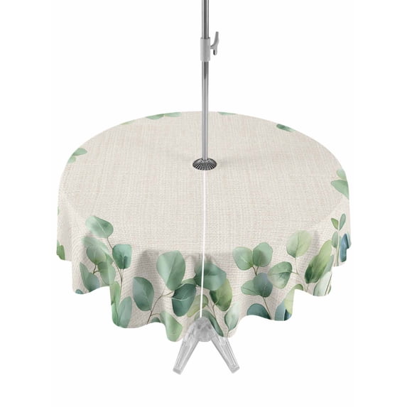 Outdoor Tablecloth with Umbrella Hole and Zipper, Sage Green Eucalyptus Round Table Cloth 60 Inch Waterproof Tablecloth, Spring Summer Leaves Rustic Burlap Picnic Table Cover for Patio Camping