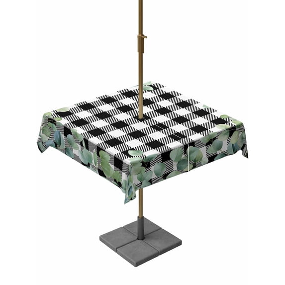 Outdoor Tablecloth with Umbrella Hole and Zipper, Sage Green Eucalyptus Square Table Cloth 60x60 Inch Waterproof Tablecloth, Spring Leaves Black White Plaid Picnic Table Cover for Patio Camping