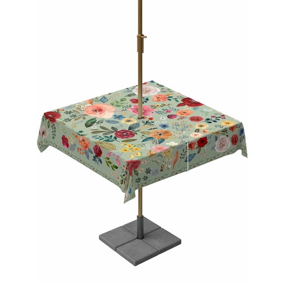 Outdoor Tablecloth with Umbrella Hole and Zipper, Sage Green Floral Square Table Cloth 54x54 Inch Waterproof Tablecloth, Spring Flowers Leaves Farmhouse Picnic Table Cover for Patio Camping
