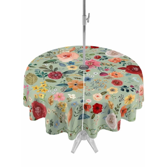 Outdoor Tablecloth with Umbrella Hole and Zipper, Sage Green Floral Waterproof Patio Tablecloth for Dining Round 54'', Spring Flowers Leaves Farmhouse Wipeable Table Cover for Picnic BBQ Party Patio