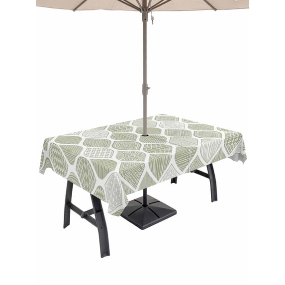 Outdoor Tablecloth with Umbrella Hole and Zipper, Sage Green Geometric Rectangle Table Cloth 52x70 Inch Waterproof Tablecloth, Moroccan Chic Abstract Plaid Art Picnic Table Cover for Patio Camping