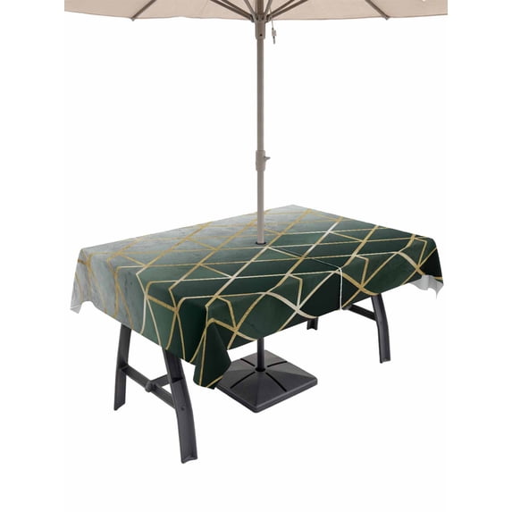 Outdoor Tablecloth with Umbrella Hole and Zipper, Sage Green Geometric Rectangle Table Cloth 60x102 Inch Waterproof Tablecloth, Modern Abstract Gradient Marble Picnic Table Cover for Patio Camping