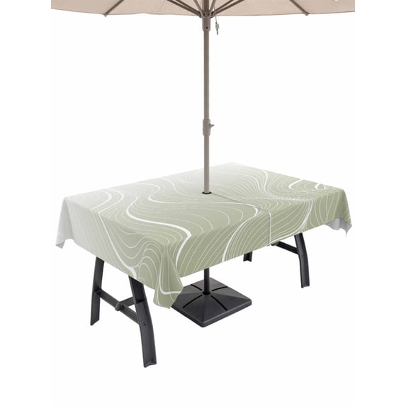 Outdoor Tablecloth with Umbrella Hole and Zipper, Sage Green Geometric Rectangle Table Cloth 60x102 Inch Waterproof Tablecloth, Modern White Stripe Distortion Art Picnic Table Cover for Patio Camping