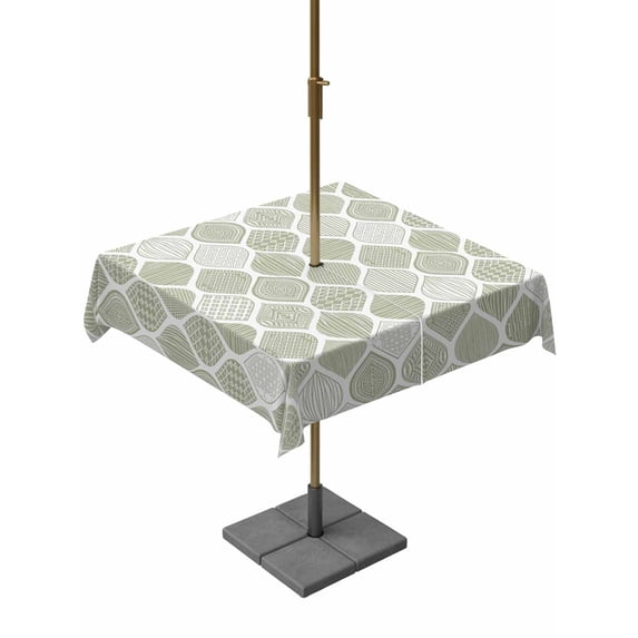 Outdoor Tablecloth with Umbrella Hole and Zipper, Sage Green Geometric Square Table Cloth 54x54 Inch Waterproof Tablecloth, Moroccan Chic Abstract Plaid Art Picnic Table Cover for Patio Camping