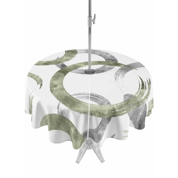 Outdoor Tablecloth with Umbrella Hole and Zipper, Sage Green Grey Round Table Cloth 54 Inch Waterproof Tablecloth, Geometric Circle Modern Abstract Simple Art Picnic Table Cover for Patio Camping