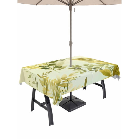 Outdoor Tablecloth with Umbrella Hole and Zipper, Sage Green Leaves Rectangle Table Cloth 54x80 Inch Waterproof Tablecloth, Summer Botanical Farmhouse Watercolor Leaf Picnic Table Cover for Patio