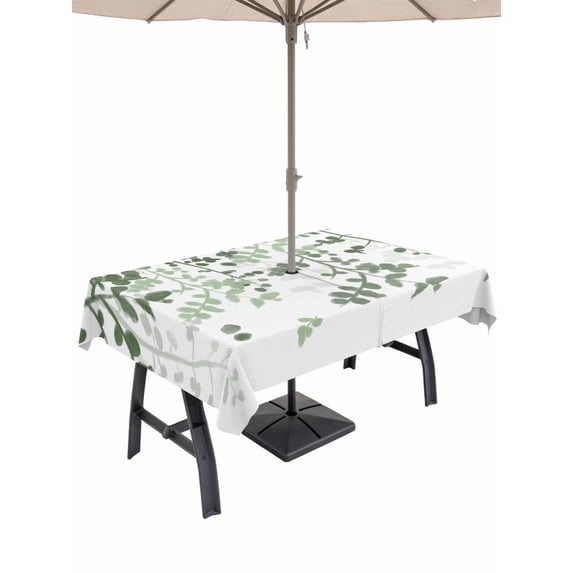 Outdoor Tablecloth with Umbrella Hole and Zipper, Sage Green Leaves Rectangle Table Cloth 54x80 Inch Waterproof Tablecloth, Summer Botanical Picnic Table Cover for Patio Camping