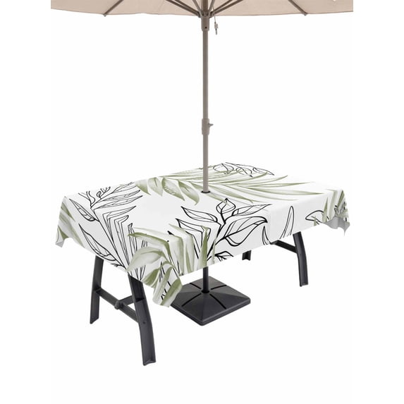 Outdoor Tablecloth with Umbrella Hole and Zipper, Sage Green Leaves Rectangle Table Cloth 60x120 Inch Waterproof Tablecloth, Abstract Modern Geometric Lines Simple Art Picnic Table Cover for Patio