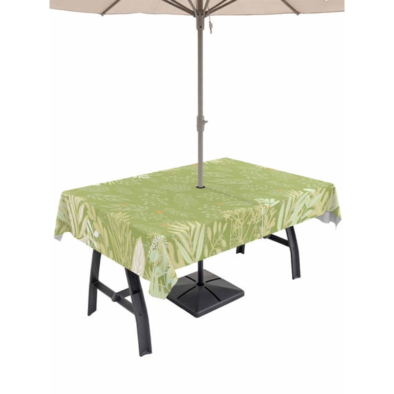 Outdoor Tablecloth with Umbrella Hole and Zipper, Sage Green Leaves Rectangle Table Cloth 60x120 Inch Waterproof Tablecloth, Summer Botanical Pastoral Picnic Table Cover for Patio Camping