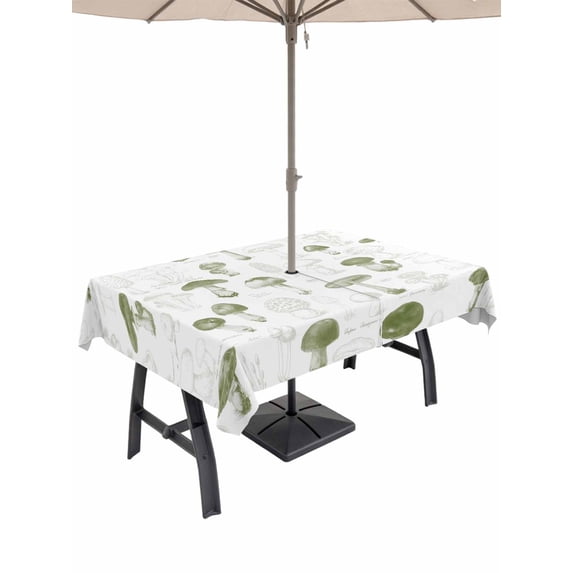 Outdoor Tablecloth with Umbrella Hole and Zipper, Sage Green Mushroom Rectangle Table Cloth 52x70 Inch Waterproof Tablecloth, Vintage Botanical Autumn Farmhouse Picnic Table Cover for Patio Camping