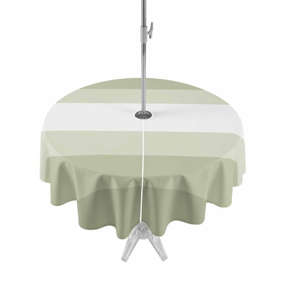 Outdoor Tablecloth with Umbrella Hole & Zipper, Sage Green Ombre Round Tablecloth 54 Inch, Minimalist Farmhouse White Striped Patio Table Cover Waterproof Table Cloth for Picnic/Party