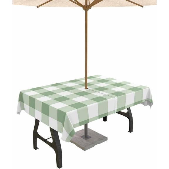 Outdoor Tablecloth with Umbrella Hole and Zipper Sage Green Outdoor Tablecloths 60x120 Waterproof Table Cloths Green Buffalo Plaid Patio Table Cloth Cover for Outdoor Tables Picnic Garden